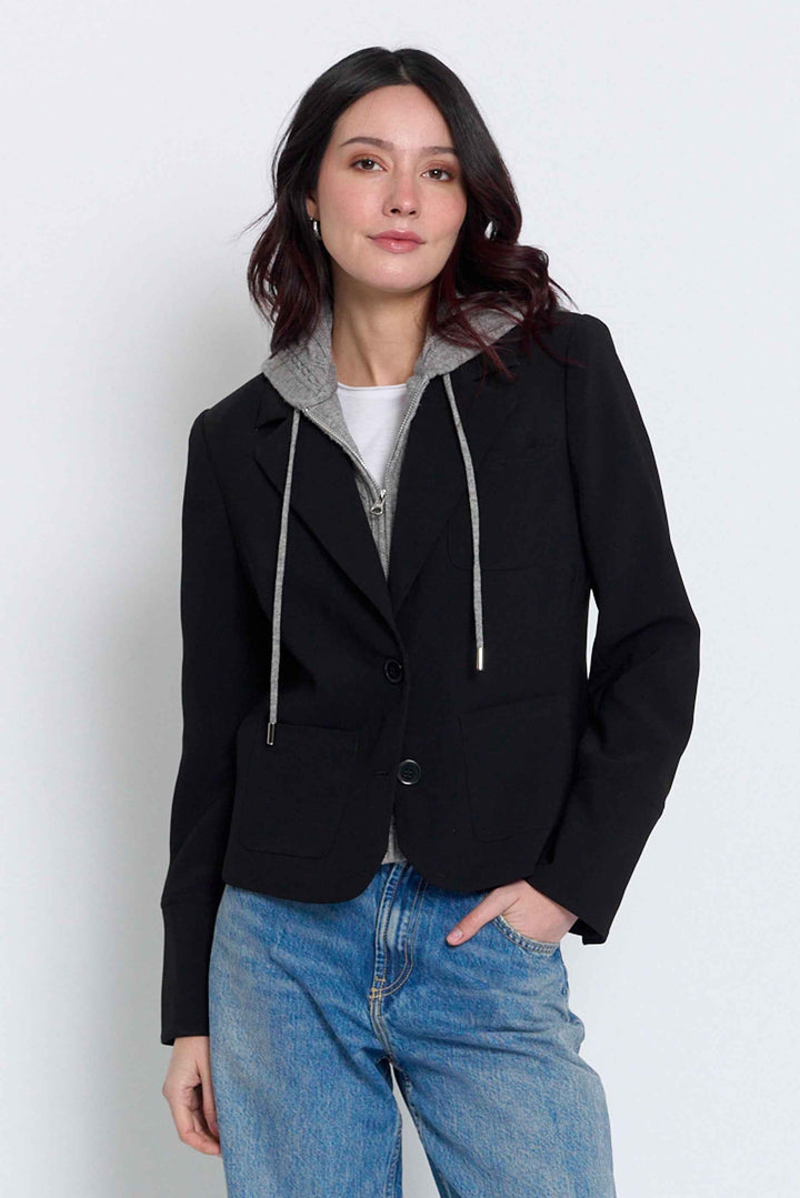 Central Park West Sienna Solid Jacket with Cable Hooded Dickey - Black
