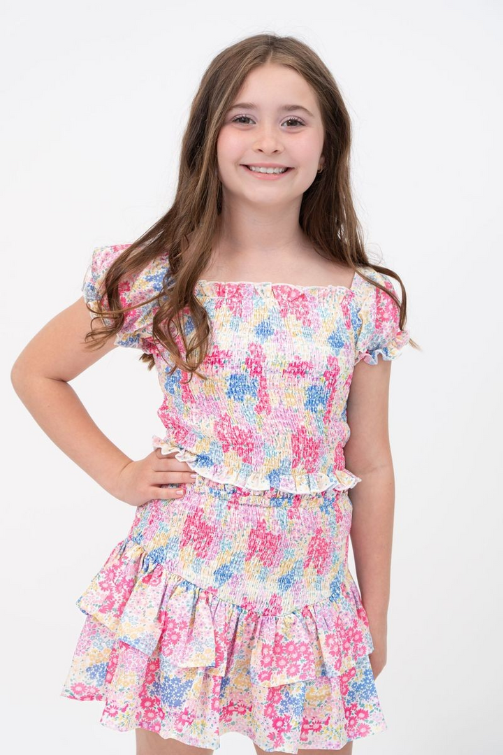 BLOOMING DITZY'S PRINT PUFF SMOCKED TOP AND SMOCKED TIERED SKIRT SET