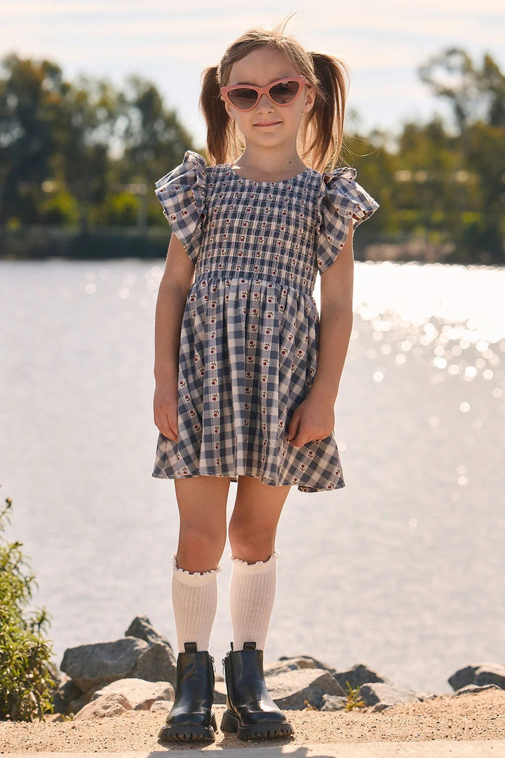 Girls Aylah Indigo Gingham Mini Dress