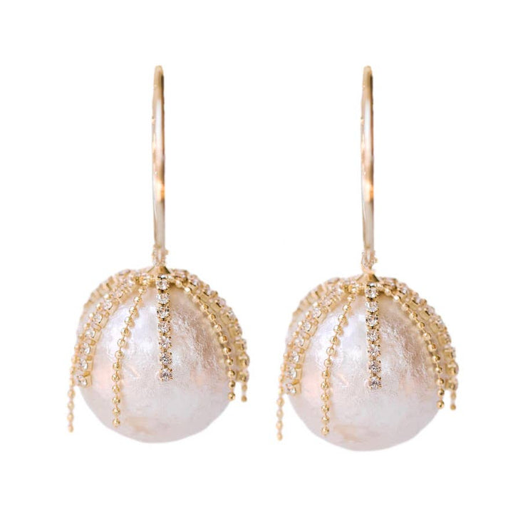 Diamond Fringe Holiday Pearl Hoop Earrings