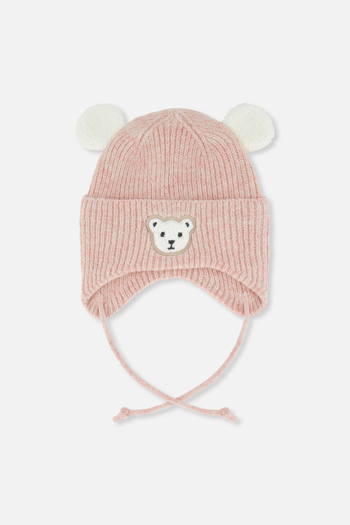 Deux Par Deux Baby Winter Knit Hat With Ear Flaps And Ears Pale Dusty Pink, front view