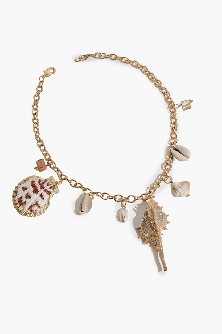 necklace with shell charms on a white background