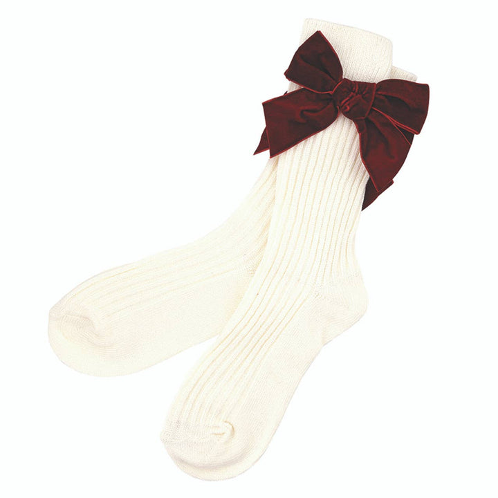 Cotton Socks in Ornament - Ivory + Burgundy Bow One Size Fits Most