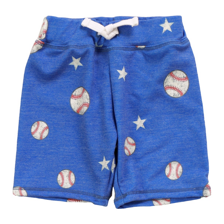 Blue shorts with baseball and star patterns on a white background