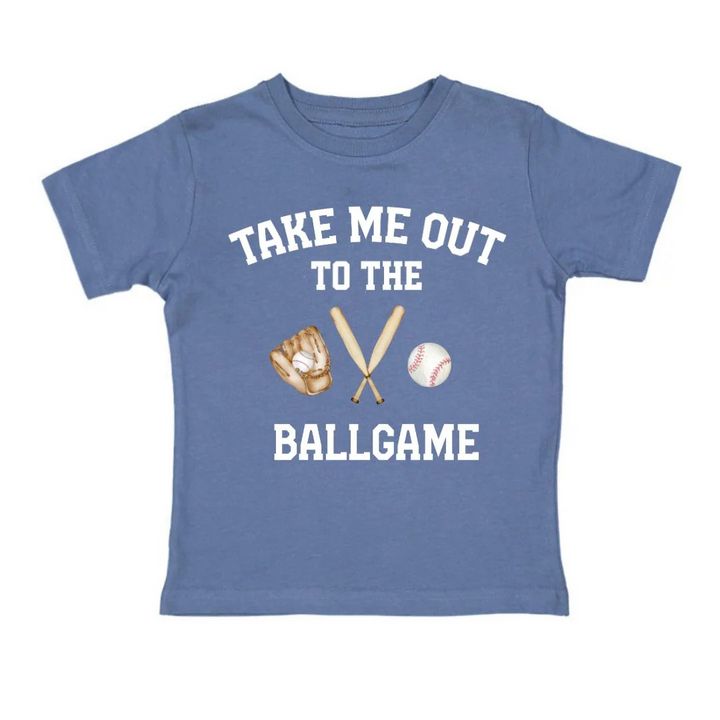 Blue t-shirt with 'Take me out to the ballgame' text and baseball graphics on a white background