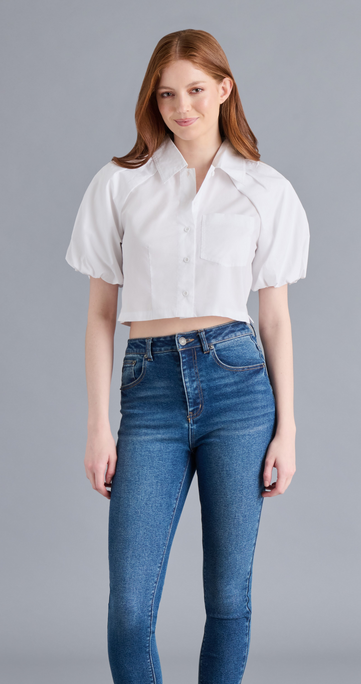 Reece Poplin Button Top with Puff Sleeve in White