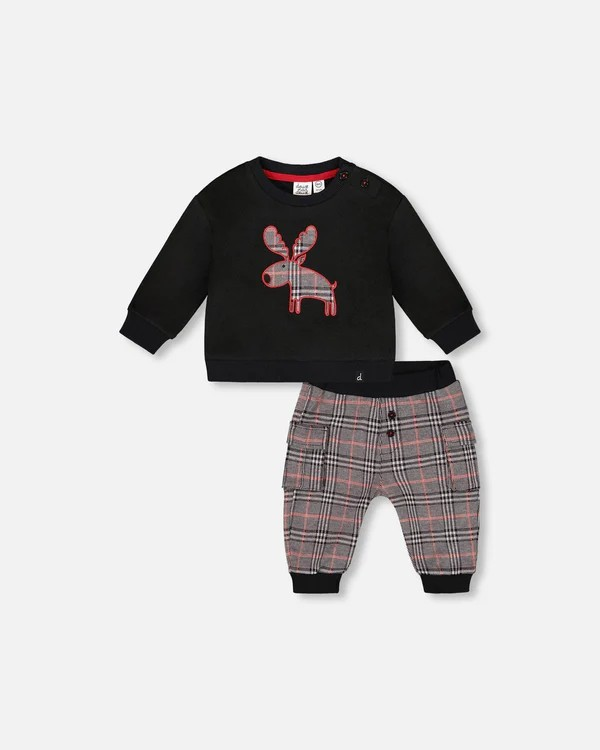 DPD Sweater And Cargo Pants Set Black With Moose Applique