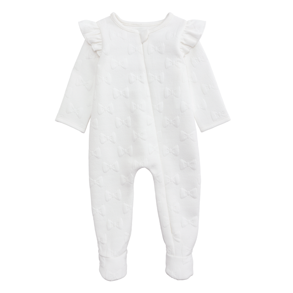 Quilted Bow Zipper Footie in White