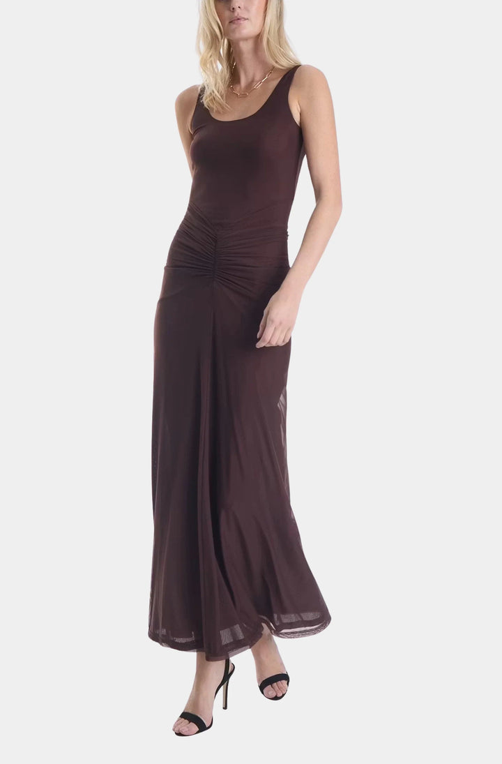 Karina Grimaldi Morena Mesh Dress in Espresso, sleeveless scoop-neck maxi dress on model.