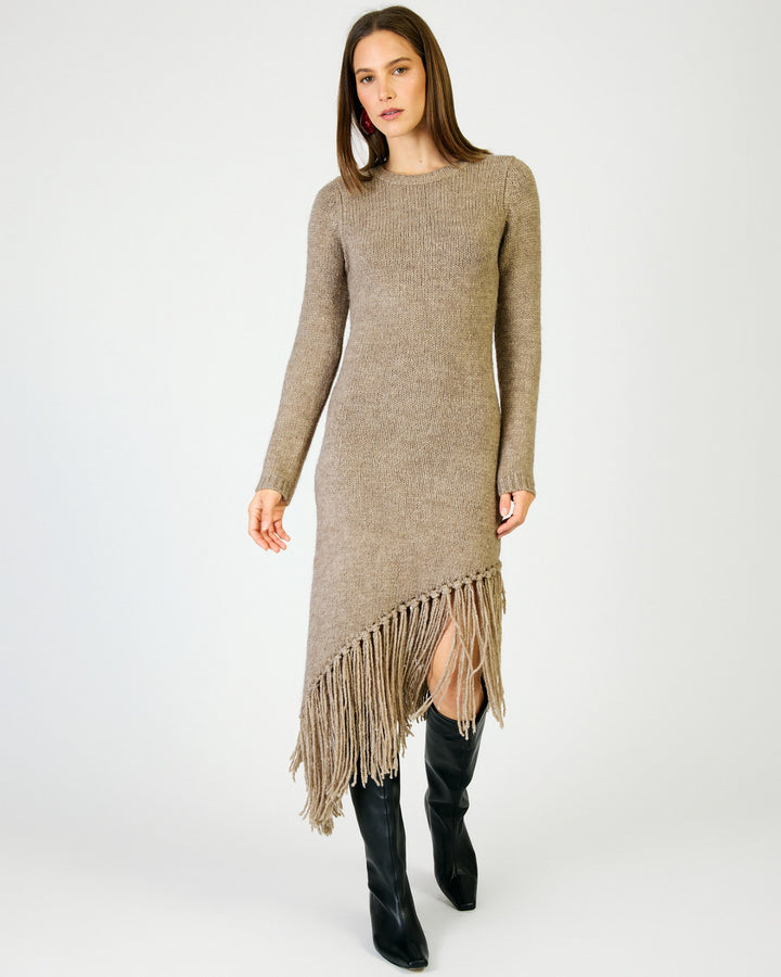 Front view of Line & Dot Romera Dress in Taupe with long sleeves and an asymmetric fringe hem
