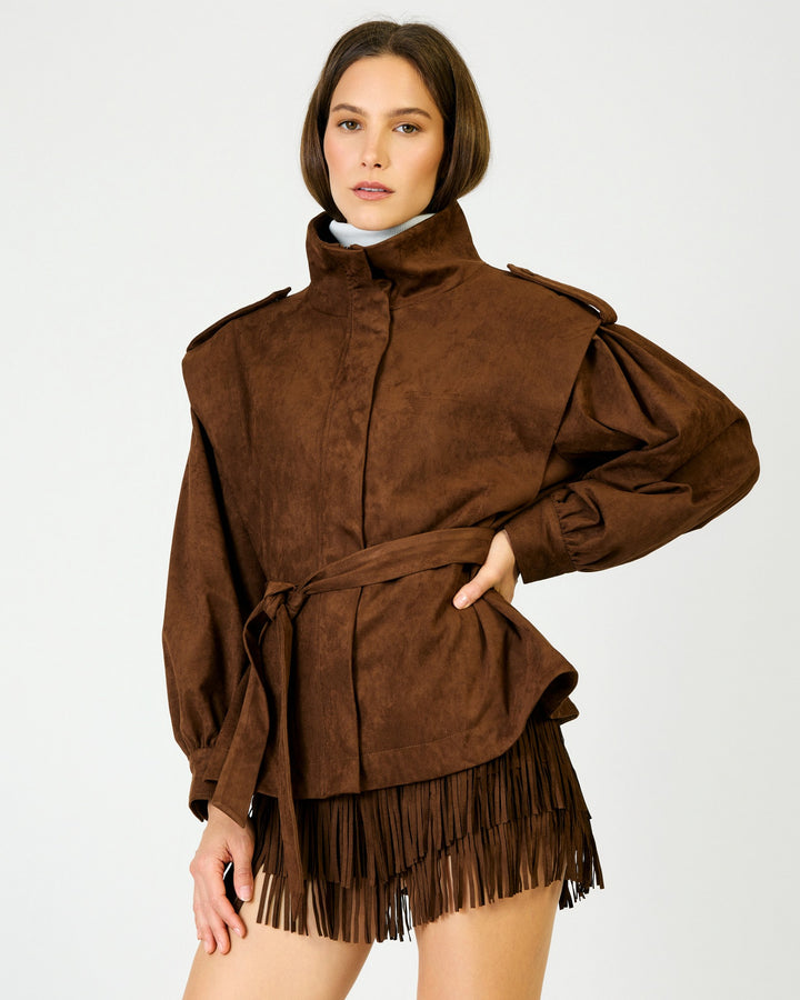Front view of Line & Dot Sybel Jacket in Brown with a stand collar, long sleeves and a belted waist