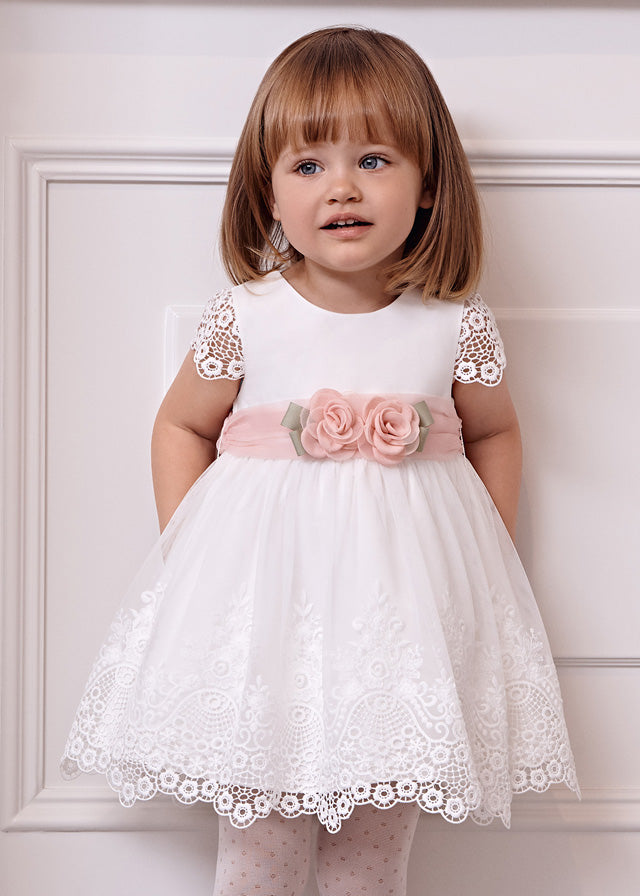 Cream Special Occasion Dress with Pink Sash & Flower