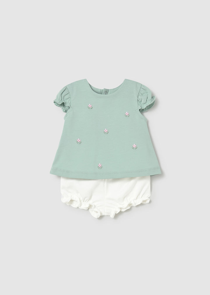 Mayoral 1642 sage embroidered top and white bloomer, front view