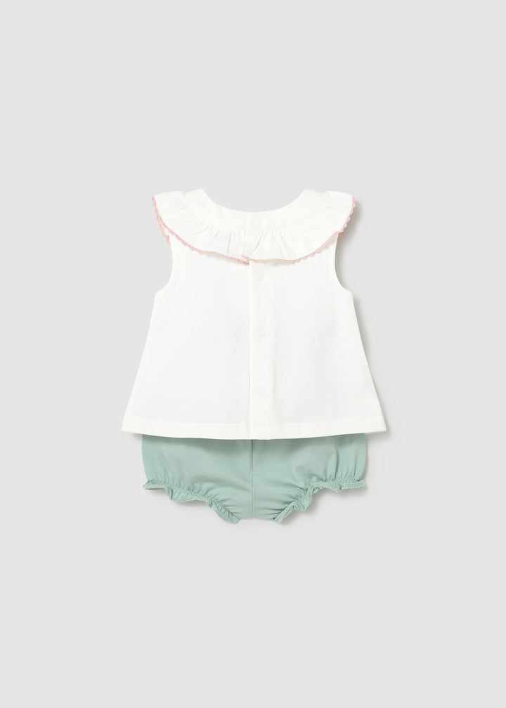 Mayoral 1642 white ruffle top and sage bloomer, back view