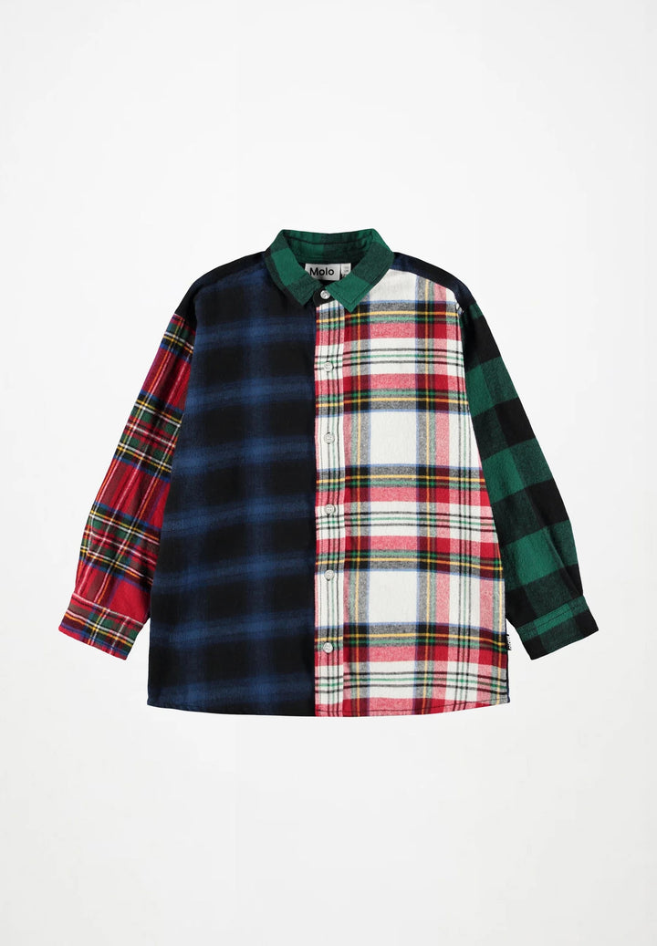 MOLO Remon Check Mixed long-sleeve shirt with red, navy, cream and green plaid panels