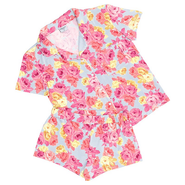 Bamboo Short Sleeve Top + Short PJ Set in Blue + Rose Floral