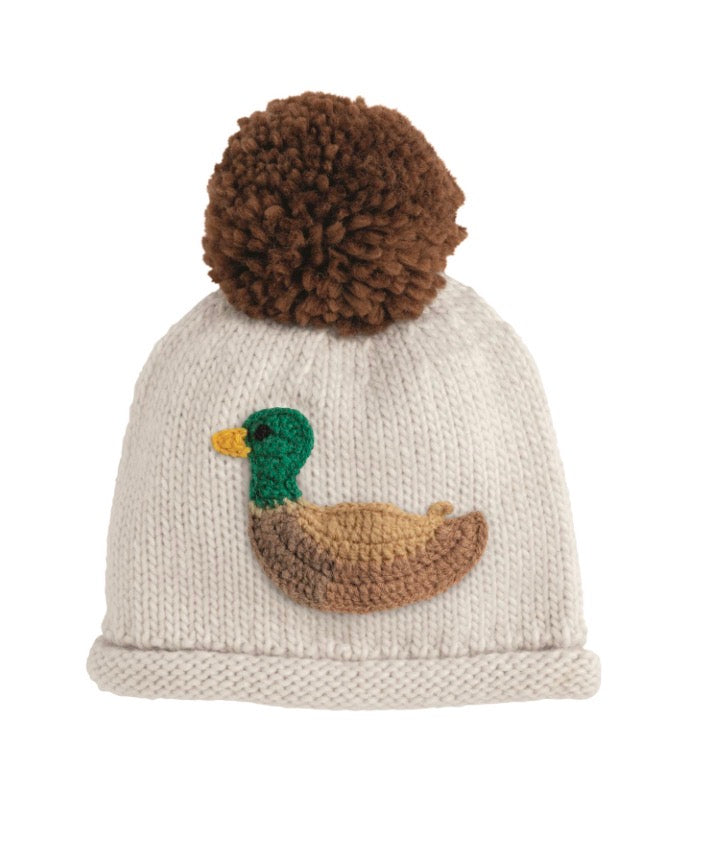 Mud Pie cream Duck Knit Hat with crochet mallard duck and brown yarn pom-pom