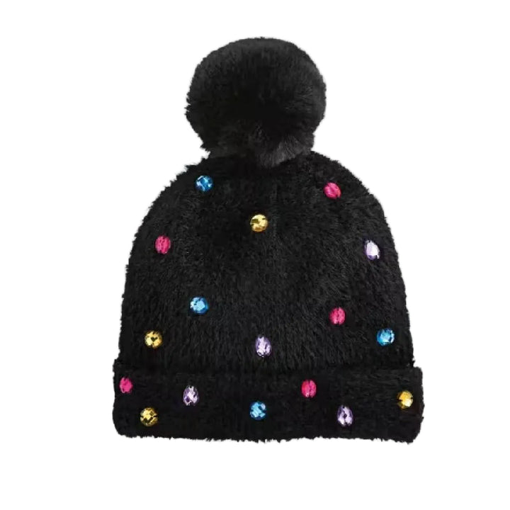 Mud Pie Glitzy Black beanie with multicolor rhinestones and pompom