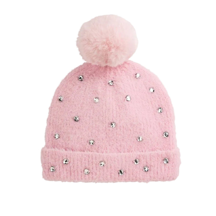 Mud Pie Glitzy light pink beanie with clear rhinestones and pompom