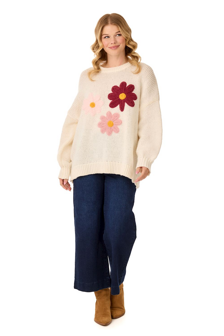 Mud Pie Harvest Floral Sweater in cream with pink and burgundy flower appliqués, front view