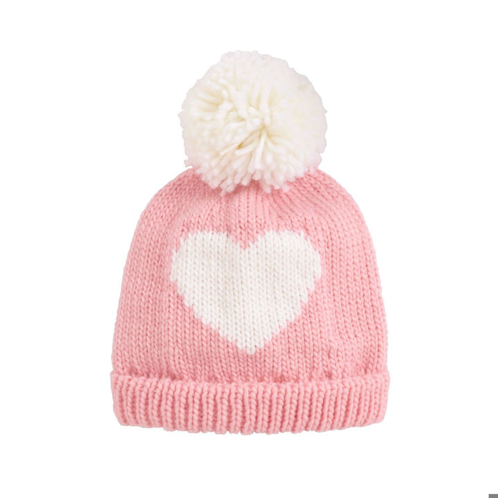 Mud Pie Heart Girl Chunky Knit Hat in pink with a cream heart and cream yarn pom-pom