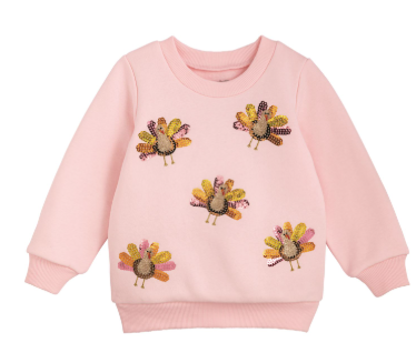Mud Pie pink Turkey Sequin Sweatshirt with sparkling turkey appliqués
