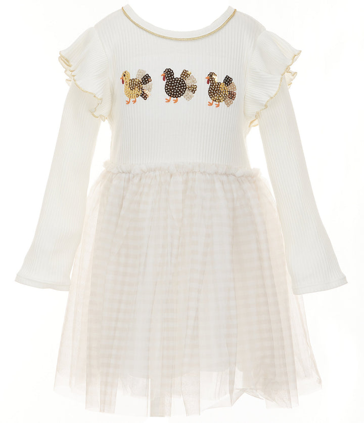 Mud Pie ivory Turkey Sequin Dress with ruffle shoulders, colorful turkey sequins and mesh tutu skirt