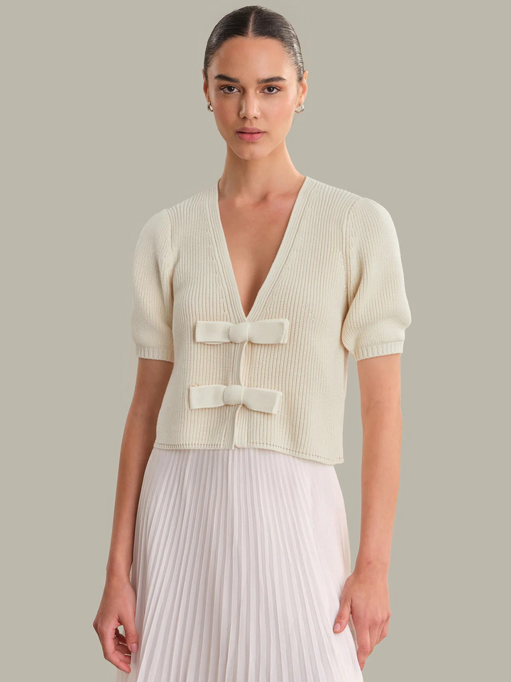 AME Puff Sleeve Bow Cardigan in Chalk