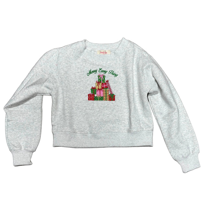 Peach Love California tween Merry Every Thing sweatshirt in heather grey with colorful stacked gifts, style YIKT300293-01