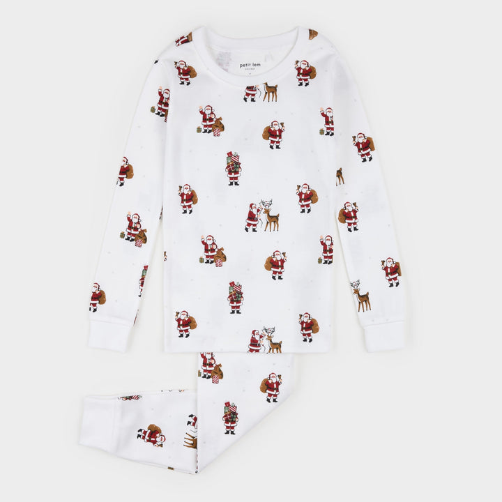 Petit Lem Santa's Big Night off-white two-piece pajamas with Santa and reindeer print