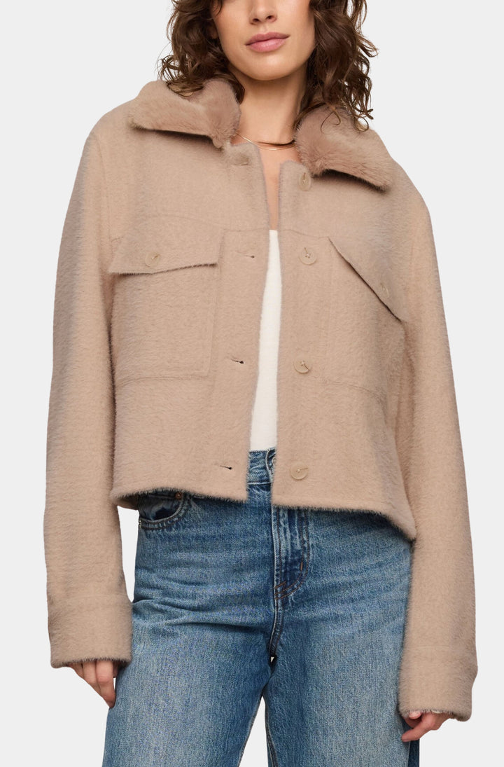Z Supply Peyton Jacket in Soft Ecru with faux fur collar, front view