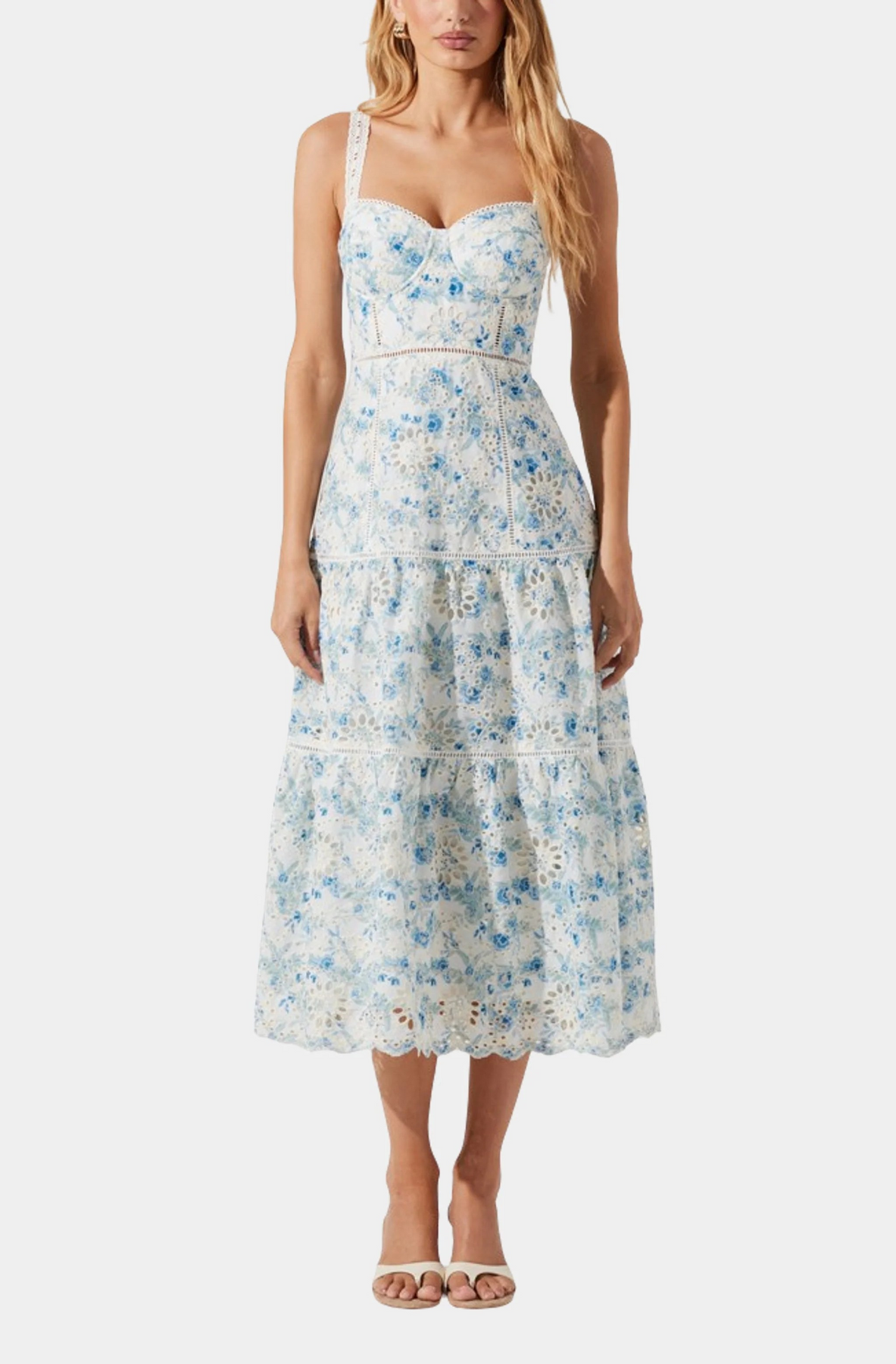 ASTR the Label Women's Pellagia Cotton Eyelet Midi Dress - White Blue Floral - Size L ASTR the Label Women's Pellagia Cotton Eyelet Midi Dress - White Blue Floral - Size L