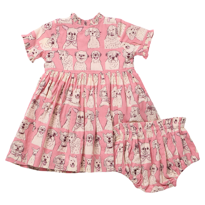 Girls Autumn Baby Dress Pink Sketched Dogs