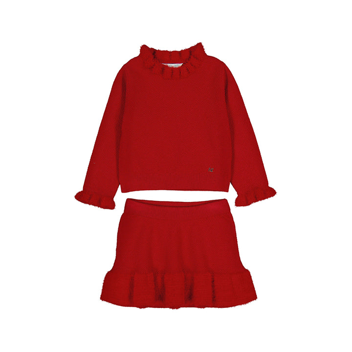 Girl Red Faux Fur Knit Skirt Set
