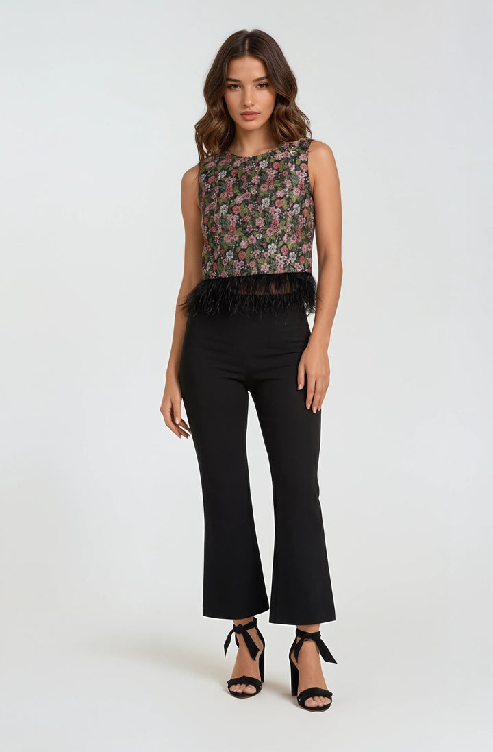 Sincerely Ours Violet tank in Twilight Vine, floral sleeveless front with black feather-trimmed hem; pants sold separately.