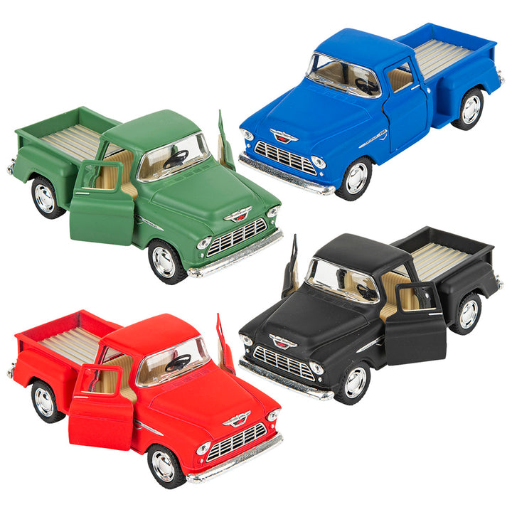 1955 Chevy Stepside Die-Cast Pickup Truck in assorted colors — front three-quarter view; supplier assortment, one vehicle per purchase