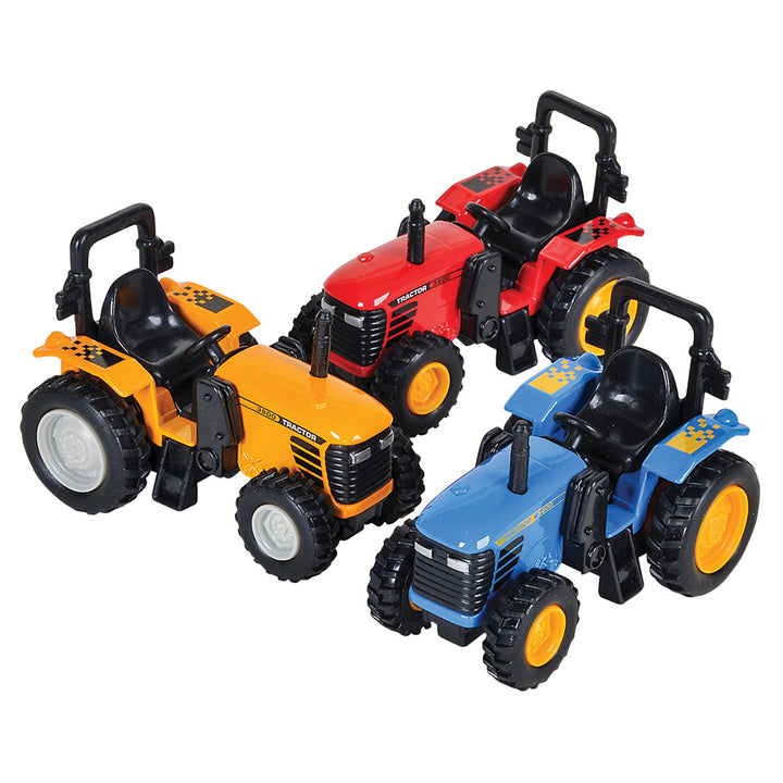 Die-Cast Pull-Back Farm Tractor in assorted colors — front three-quarter view; supplier assortment, one vehicle per purchase