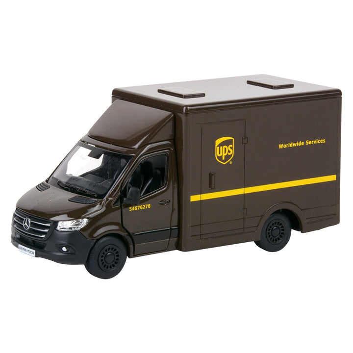 Brown UPS Mercedes-Benz Sprinter die-cast box truck, front driver-side view