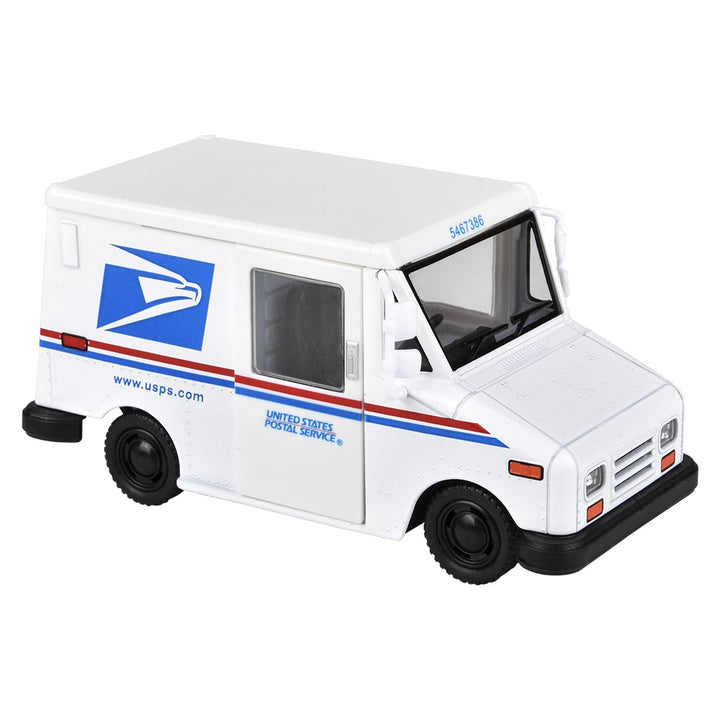 USPS Die-Cast Pull-Back Mail Delivery Truck — front three-quarter view