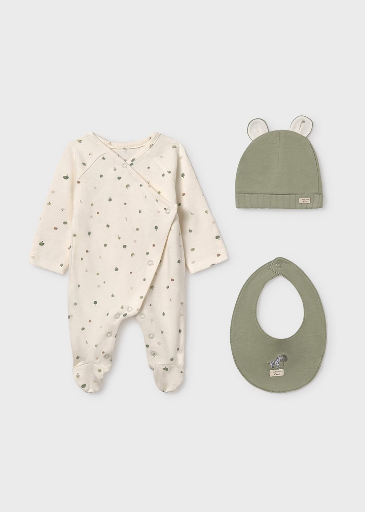 Green Tree Print Unisex Footie with Hat & Bib