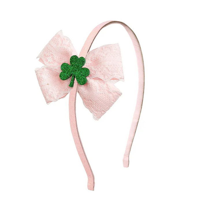 St Patrick's Day Pink Lace Bow Headband