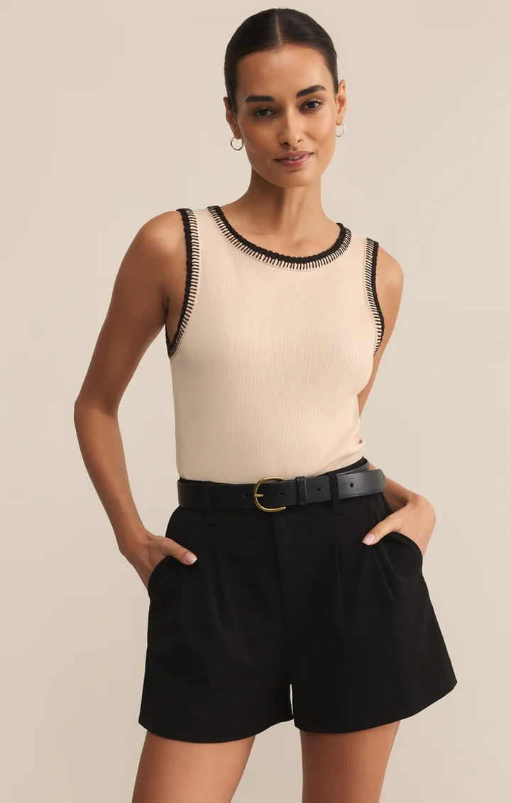 Social Ribbed Whipstitch Tank Top in Crystal Ivory
