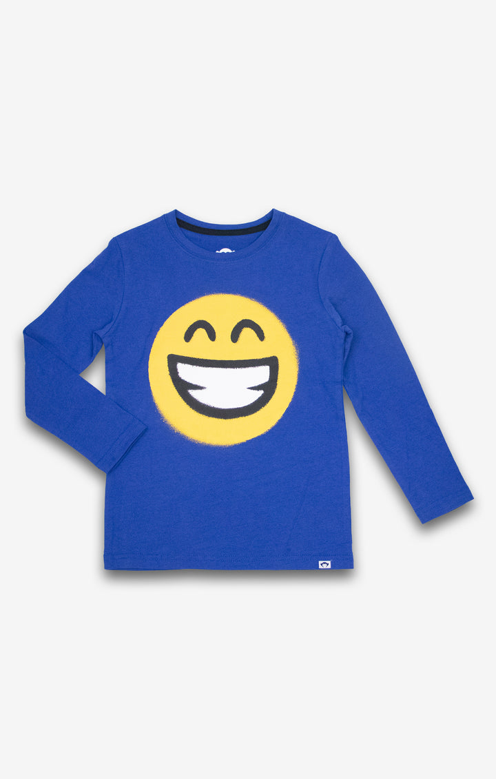 Blue long-sleeve shirt with a yellow smiley face on a white background