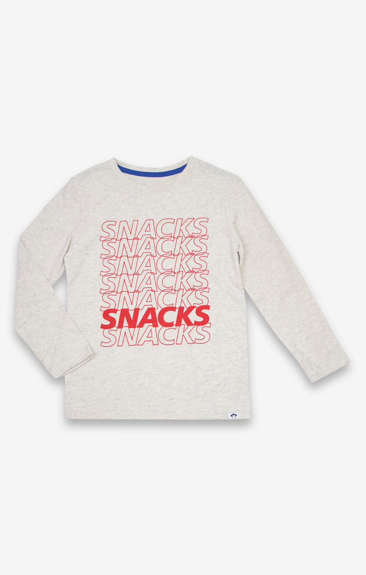 White long-sleeve shirt with 'SNACKS' text printed in red on a white background