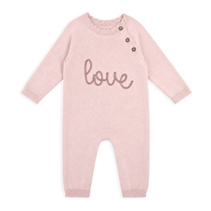 Viverano Organics Love Embroidered Sweater Knit Baby Jumpsuit in Blush Pink