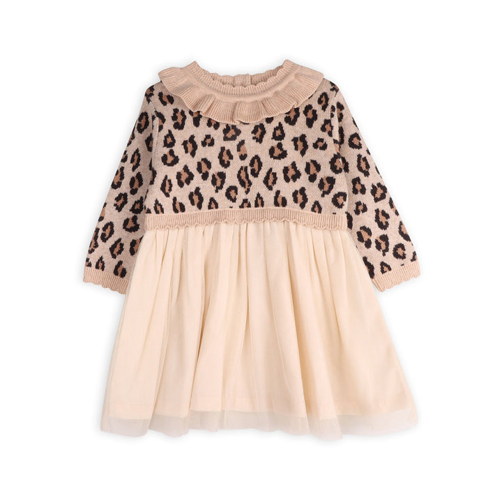 Viverano Organics Leopard Jacquard Sweater Knit Baby Tutu Dress in Oatmeal Heather