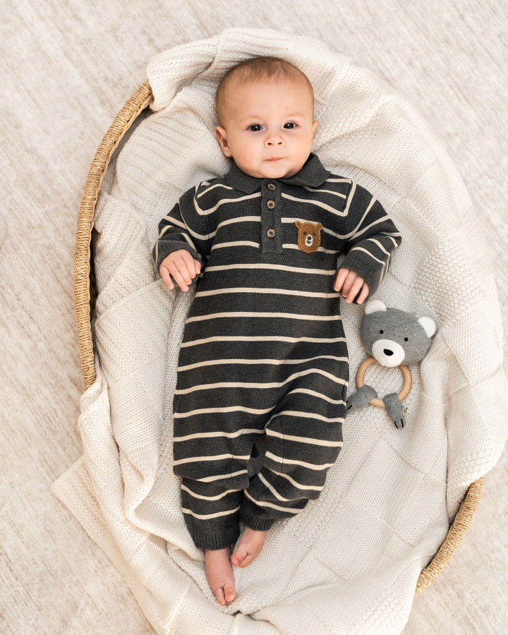 Viverano Organics Bear Face Stripe & Collar Knit Baby Jumpsuit in Charcoal