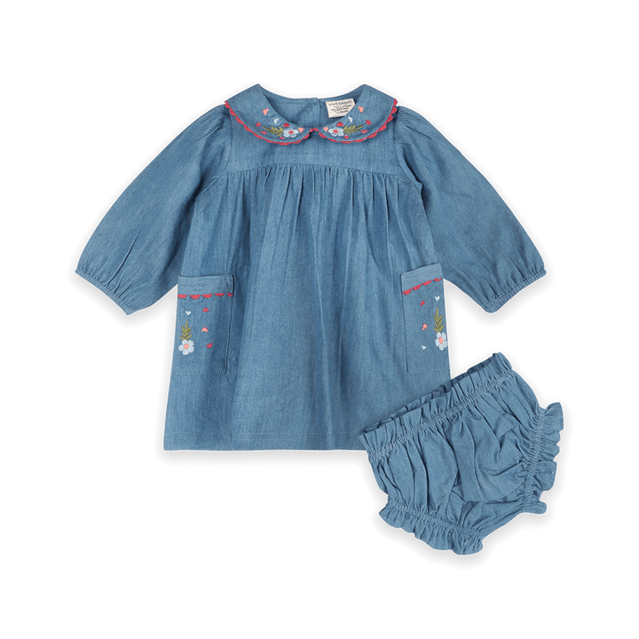 Viverano Organics Ida Floral Embroidered Denim Baby Dress & Bloomer Set in Denim Blue
