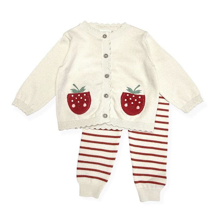 Viverano Organics Strawberry Embroidered Pocket Baby Cardigan & Pants Set in Natural
