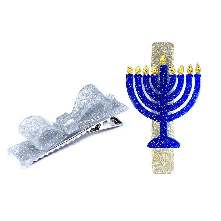 L&R - Menorah Glitter Blue/Silver Alligator Clips